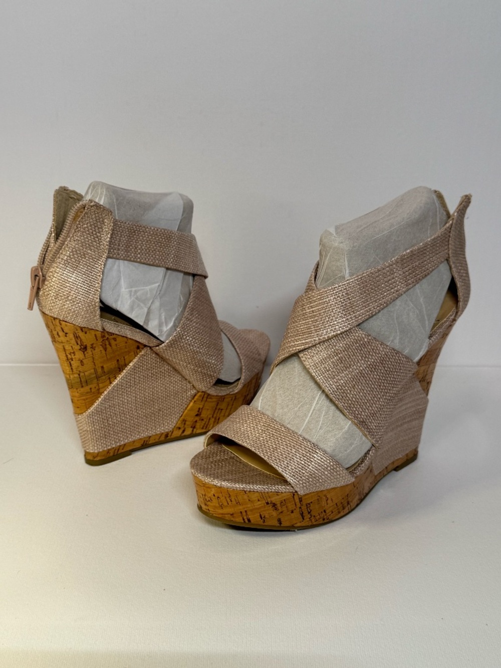 BCBGeneration Gold Linen Raffia Cork Wedge Sandals Size 6B